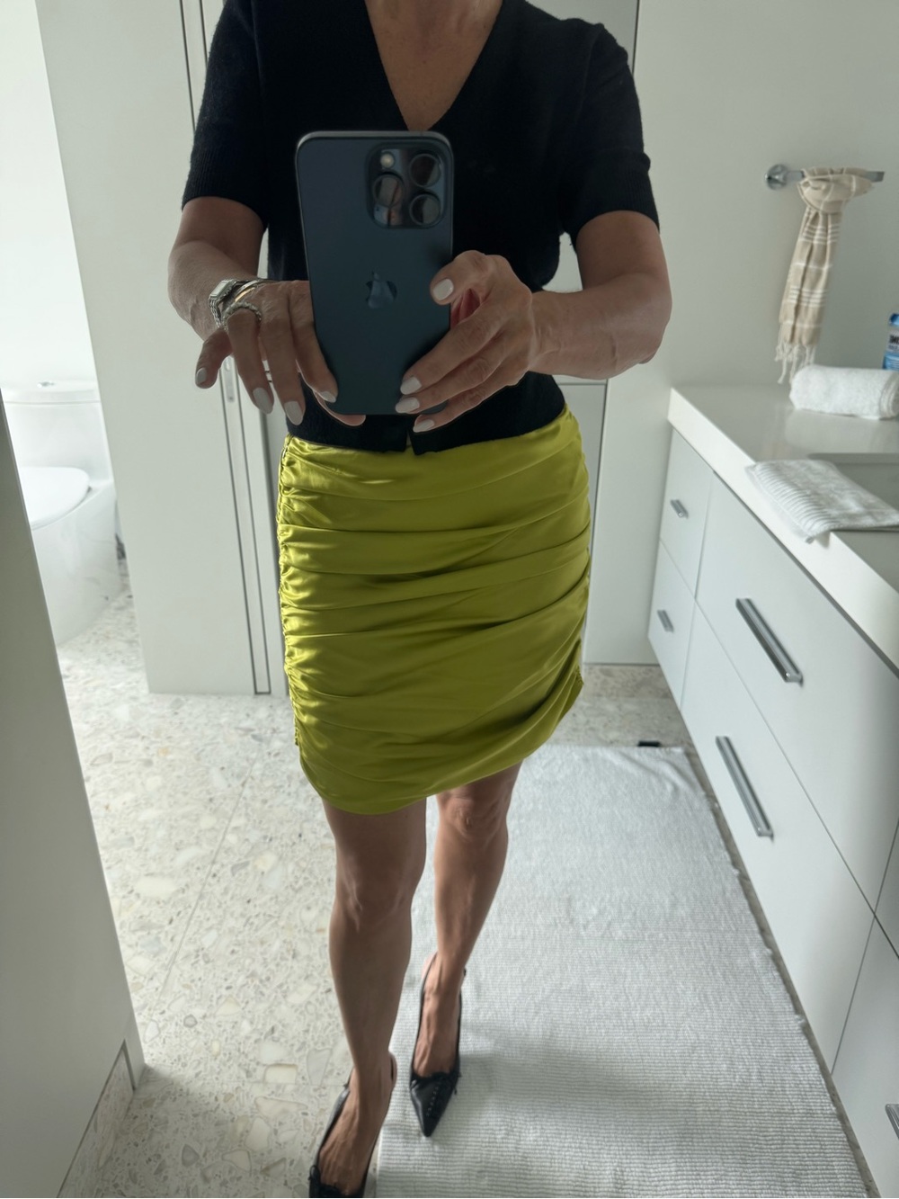 Ruched Satin Mini Skirt in Chartreuse